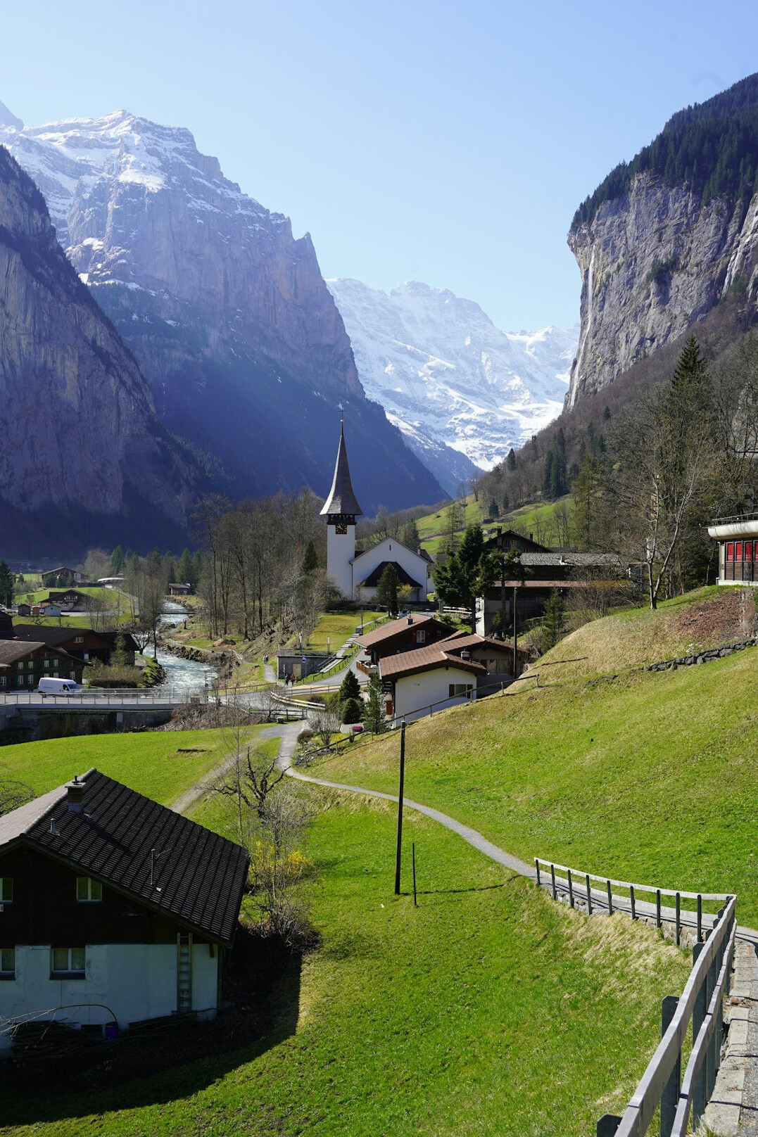 swiss landscape with modern buildings
